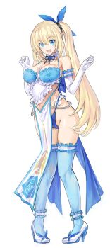 1girl absurdres blonde_hair blue_eyes blue_flower blue_panties blue_rose blue_thighhighs breasts cameltoe commentary_request elbow_gloves flower frilled_gloves frilled_thighhighs frills full_body gloves high_heels highres kiyama_satoshi large_breasts lingerie_senshi_papillon_rose long_hair looking_at_viewer mirai_akari mirai_akari_project open_mouth panties pelvic_curtain ponytail rose shoes simple_background solo standing thighhighs underwear very_long_hair virtual_youtuber white_background white_gloves white_shoes