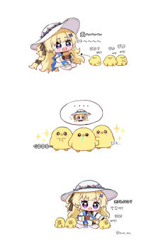 ... 1girl baby_animal bird black_gloves blonde_hair blue_sash chick commentary cupcake flying_sweatdrops food gloves hair_ornament hat highres holding holding_food hue_oo korean_text long_hair phoebe_(wuthering_waves) purple_eyes sash sharing_food shirt sparkle sparkling_aura symbol-only_commentary white_hat white_shirt wuthering_waves x_hair_ornament