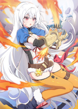 1girl absurdres blue_shrug breasts cleavage commentary_request feet_out_of_frame fire fuyuka_(stella_sora) gauntlets highres long_hair looking_ahead merunyuru open_mouth orange_thighhighs pink_eyes puffy_sleeves serious shrug_(clothing) snow solo stella_sora sweatdrop thighhighs white_hair