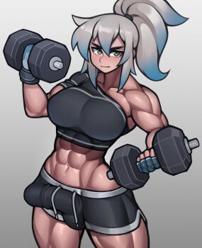 1futa abs absurdres biceps black_shorts black_sports_bra blue_gloves blue_hair borrowed_character breasts bulge closed_mouth commission exercising fingerless_gloves futanari gloves gradient_hair green_eyes grey_hair highres large_breasts looking_at_viewer multicolored_hair muscular muscular_female navel original ponytail roadi3 short_hair short_ponytail shorts solo sports_bra thick_thighs thighs weightlifting