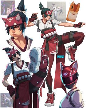 2girls annoyed breikka capcom cellphone fingerless_gloves fox_mask full_body gloves green_hair hair_horns half_mask han_juri helmet japanese_clothes kiriko_(overwatch) kunai leg_up mask motorcycle_helmet multiple_girls overwatch pelvic_curtain phone ponytail screencap short_hair signature street_fighter street_fighter_6 weapon