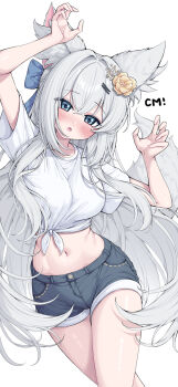 1girl animal_ears arm_up blue_eyes blue_shorts breasts claw_pose commission crop_top denim denim_shorts flower fox_ears front-tie_top hair_flower hair_ornament hand_up highres korean_commentary large_breasts long_hair looking_at_viewer metaljelly midriff navel open_mouth original shirt short_shorts short_sleeves shorts simple_background solo stomach thighs very_long_hair white_background white_hair white_shirt