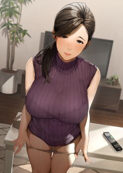 1girl black_eyes black_hair blush breasts controller dutch_angle highres indoors large_breasts lips long_hair looking_at_viewer low_ponytail mature_female original panties panty_pull plant ponytail potted_plant remote_control ribbed_sweater sakura_no_tomoru_hi_e sleeveless sleeveless_sweater solo sweater swept_bangs table television underwear wooden_floor