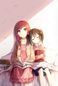 10s 2girls black_hair book hugging_book byakuya_reki heart holding holding_book love_live! love_live!_school_idol_festival love_live!_school_idol_project multiple_girls nishikino_maki hugging_object purple_eyes red_eyes red_hair reference_work short_hair sitting sleeping sleeping_upright smile sweater twintails yazawa_nico
