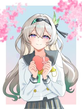 Rule 34 | 1girl, absurdres, black hairband, blue eyes, blue pupils, bow, bowtie, box, buttons, cherry blossoms, commentary request, double-breasted, ejpytr, firefly (honkai: star rail), firefly (spring missive) (honkai: star rail), gift, gradient background, gradient hair, green bow, green bowtie, green hair, grey hair, grey sailor collar, grey skirt, hair intakes, hairband, heart-shaped box, highres, holding, holding gift, honkai: star rail, honkai (series), long hair, long sleeves, looking at viewer, multicolored eyes, multicolored hair, official alternate costume, plaid clothes, plaid skirt, pleated skirt, purple eyes, sailor collar, school uniform, shirt, skirt, smile, solo, two-tone eyes, two-tone hair, upper body, white shirt