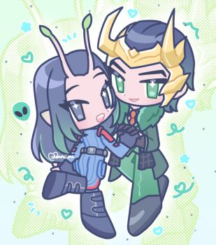 1boy 1girl :d alien animification antennae black_boots black_eyes black_gloves black_hair black_shoes blue_bodysuit bodysuit boots cherriimi chibi commentary couple english_commentary fake_horns formal_clothes fur-trimmed_jacket fur_trim gloves gradient_hair green_background green_eyes green_hair green_jacket green_pants green_suit grin guardians_of_the_galaxy guardians_of_the_galaxy_vol._3 hair_slicked_back hetero holding_hands horned_headwear horns jacket leg_up loki_(marvel) loki_(presidential_attire)_(marvel) long_hair looking_at_viewer looking_back mantis_(marvel) marvel marvel_rivals multicolored_hair official_alternate_costume open_mouth pants pointy_ears shoes short_hair smile suit thor_(marvel)_(series)