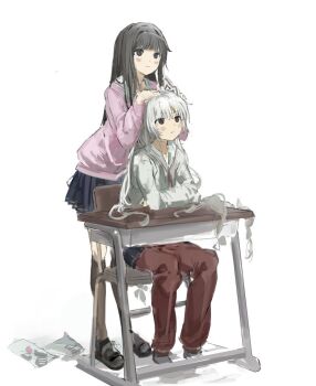 Rule 34 | 2girls, black hair, black shoes, black skirt, blush, bow, closed mouth, desk, expressionless, fujiwara no mokou, full body, hair bow, hair ribbon, hands on another's head, hime cut, houraisan kaguya, kneehighs, letter, long hair, love letter, multiple girls, pants, pants under skirt, pink eyes, pink shirt, red eyes, red pants, ribbon, school desk, school uniform, serafuku, sesmkun, shirt, shoes, sitting, skirt, smile, socks, touhou, track pants, very long hair, white hair, white shirt