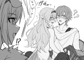 !? 1boy 2girls black_hairband black_jacket blush caelus_(honkai:_star_rail) collared_dress dress eyewear_on_head firefly_(honkai:_star_rail) flying_sweatdrops grey_hair greyscale hair_between_eyes hair_intakes hair_tubes hairband honkai:_star_rail honkai_(series) jacket long_hair monochrome multiple_girls open_mouth saliva saliva_trail shiosio shirt short_hair silver_wolf_(honkai:_star_rail) trailblazer_(honkai:_star_rail) unworn_jacket walk-in white_dress white_shirt