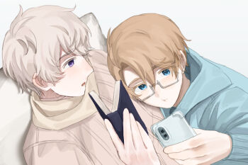 2boys ahoge america_(hetalia) artist_name axis_powers_hetalia bandaged_neck bandages blonde_hair blue_eyes blue_hoodie blush book cellphone closed_mouth commentary_request glasses grey-framed_eyewear grey_hair hair_between_eyes harutoro_39487 holding holding_book holding_phone hood hoodie long_sleeves looking_at_another looking_at_phone lying lying_on_person male_focus multiple_boys on_back on_stomach open_book open_mouth phone pillow pink_sweater puffy_long_sleeves puffy_sleeves purple_eyes russia_(hetalia) scarf semi-rimless_eyewear short_hair simple_background smartphone sweater upper_body white_background white_scarf yaoi