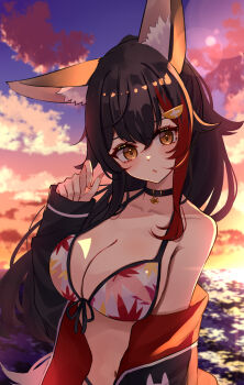 1girl absurdres animal_ear_fluff animal_ears bikini black_choker black_hair black_jacket blush breasts cat_choker choker cleavage cloud cloudy_sky collarbone commentary front-tie_bikini_top front-tie_top hair_between_eyes hair_ornament highres hololive jacket large_breasts leaf_print lens_flare long_hair looking_at_viewer maple_leaf_print multicolored_hair navel ocean off_shoulder official_alternate_costume official_alternate_hairstyle ookami_mio ookami_mio_(hololive_summer_2019) open_clothes open_jacket orange_eyes outdoors parted_lips ponytail red_hair red_jacket single_ear_down sky solo streaked_hair sunset swimsuit tail tukijika two-sided_fabric two-sided_jacket two-tone_hair upper_body virtual_youtuber wolf_ears wolf_girl wolf_tail