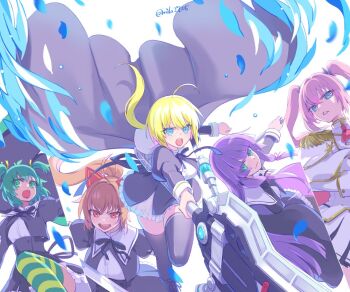 Rule 34 | 5girls, ahoge, altea alessandrini, amano soraha, animal ears, antenna hair, aqua eyes, assault lily, attack, banshouya ena, black boots, black cape, black thighhighs, blonde hair, blue eyes, blue feathers, blunt bangs, blush, boots, breasts, brown hair, cape, cat ears, commentary request, cropped jacket, epaulettes, fake animal ears, falling feathers, fang, feathers, floating cape, frilled skirt, frills, green eyes, green hair, green thighhighs, hair ribbon, hands up, high-waist skirt, holding, holding sword, holding weapon, jacket, juliet sleeves, kondou misaka, lace-up boots, long hair, long sleeves, looking at viewer, low-tied sidelocks, low ponytail, medium breasts, mila (yuta27315), multiple girls, neck ribbon, open mouth, outstretched arm, parted lips, pink hair, pink ribbon, ponytail, puffy sleeves, purple hair, red eyes, ribbon, school uniform, shirt, short hair, sidelocks, simple background, skirt, smile, standing, standing on one leg, striped clothes, striped thighhighs, sword, thighhighs, twintails, twitter username, two side up, v-shaped eyebrows, vertical-striped clothes, vertical-striped thighhighs, weapon, white background, white jacket, white shirt, white skirt, yellow ribbon, yellow thighhighs, yoshimura thi mai, yurigaoka girls academy school uniform, zettai ryouiki