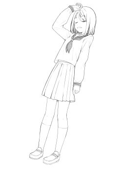 1girl absurdres adjusting_hair closed_eyes dot_nose dutch_angle full_body highres kneehighs long_sleeves midriff_peek monochrome neckerchief negimiso1989 open_mouth original pleated_skirt sailor_collar school_uniform serafuku shoes short_hair sidelocks simple_background skirt sleeves_past_wrists smile socks solo swept_bangs uwabaki white_background