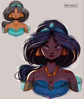 1girl aladdin_(movie) arabian_clothes artist_request black_hair brown_eyes brown_hair commentary_request dark-skinned_female dark_skin earrings jasmine_(disney) jewelry long_hair looking_at_viewer multi-tied_hair necklace non-web_source nontraditional_miko off_shoulder princess reference_sheet shirt smile solo source_request upper_body very_long_hair