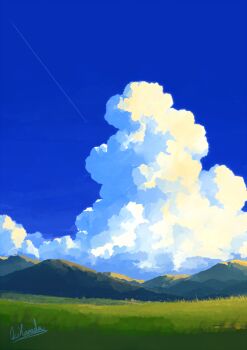 alu.m_(alpcmas) blue_sky cloud contrail cumulonimbus_cloud day grass highres mountain no_humans original scenery signature sky sky_focus