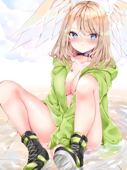 black_boots blue_eyes blush boots bottomless breasts eunie_(xenoblade) feathered_wings green_jacket head_wings highres hood hooded_jacket jacket large_breasts medium_hair nanase_nao no_bra open_clothes open_jacket sitting water wings xenoblade_chronicles_(series) xenoblade_chronicles_3