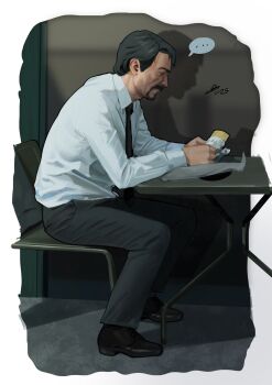 ... 1boy absurdres beard black_hair black_necktie chair collared_shirt commentary disco_elysium english_commentary facial_hair food full_body highres holding holding_food jean_vicquemare male_focus necktie nurve26 outdoors shadow shirt short_hair sitting slouching solo spoken_ellipsis table white_shirt