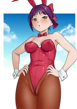 1girl animal_ear_hairband animal_ears blue_sky bow bowtie brown_pantyhose cloud commentary_request detached_collar fake_animal_ears gegege_no_kitarou hair_ribbon hairband hands_on_own_hips highres leotard looking_at_viewer matsuda_shin nekomusume pantyhose playboy_bunny purple_hair rabbit_ears red_bow red_bowtie red_leotard red_ribbon ribbon skindentation sky solo strapless strapless_leotard wedgie wrist_cuffs yellow_eyes