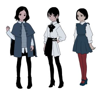 3girls belt black_hair closed_mouth dress gosari_draw highres long_sleeves looking_at_viewer multiple_girls original pantyhose ponytail shirt short_hair skirt standing white_background