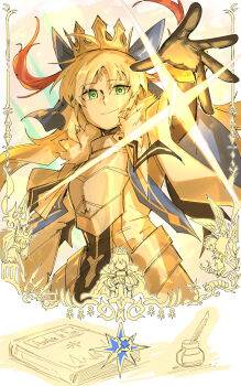 1girl ahoge armor armored_dress artoria_caster_(fate) artoria_caster_(third_ascension)_(fate) artoria_pendragon_(fate) blonde_hair book breastplate commentary_request crown dress fate/grand_order fate_(series) gloves grand_servant_(fate/grand_order) green_eyes highres kankan33333 long_hair long_sleeves looking_at_viewer morgan_le_fay_(fate) oberon_(fate) reaching saber_(fate) smile standing