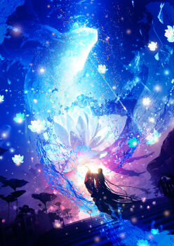 1girl absurdly_long_hair absurdres blue_sky commentary_request cool_colored dusk dutch_angle falling_flower flower flying_whale from_behind hand_up highres long_hair lotus lotus_leaf makoron117117 night on_stairs original outdoors oversized_flower scenery silhouette sky solo stairs star_(sky) starry_sky surreal very_long_hair whale white_flower wide_shot