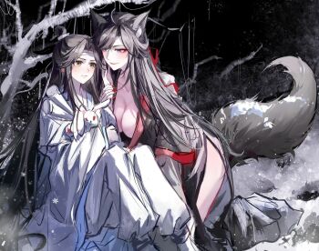 1boy 1girl age_difference aged_down ahoge animal animal_ears bare_legs bare_tree black_dress black_hair black_hanfu blush breasts brown_hair chinese_clothes cleavage closed_mouth collarbone deeplake_(shen_hu_zhou) dress eyeshadow fingernails fox fox_ears fox_girl fox_tail genderswap genderswap_(mtf) hair_down hair_ribbon half_updo hanfu headband hetero highres holding holding_animal holding_another&#039;s_wrist holding_rabbit kemonomimi_mode kneeling knees_up lan_wangji large_breasts long_hair long_sleeves looking_at_another makeup modao_zushi nail_polish night official_alternate_hairstyle onee-shota open_clothes open_robe outdoors parted_bangs purple_eyes rabbit red_eyeshadow red_nails red_ribbon ribbon robe second-party_source sharp_fingernails side_slit sidelocks sitting smile snow snowflakes snowing tail topknot tree very_long_hair wei_wuxian wei_wuxian_(yiling_laozu) white_hanfu white_headband white_rabbit_(animal) wide_sleeves winter xiao_guan_(headdress) yellow_eyes