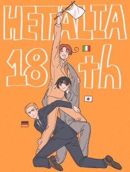 3boys ahoge anniversary arms_up axis_powers_hetalia black_hair black_jacket black_necktie black_pants blonde_hair blue_eyes brown_eyes brown_shoes closed_eyes closed_mouth collared_shirt english_text flag formal_clothes full_body german_flag germany_(hetalia) grey_jacket grey_pants gundam gundam_narrative highres holding holding_flag italian_flag jacket japan_(hetalia) japanese_flag lapels long_sleeves looking_at_another multiple_boys nazuna_krmt_s necktie northern_italy_(hetalia) on_one_knee open_mouth orange_background orange_hair orange_jacket orange_necktie orange_pants pants shirt shoes short_hair smile suit suit_jacket sweatdrop text_background white_flag white_shirt