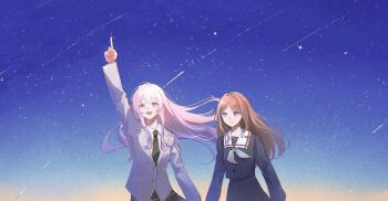 Rule 34 | 2girls, :d, arm up, artist request, bang dream!, bang dream! it's mygo!!!!!, blazer, blue eyes, blue serafuku, blue shirt, brown hair, chihaya anon, closed mouth, collared shirt, commission, diagonal-striped clothes, diagonal-striped necktie, floating hair, green necktie, green skirt, grey eyes, grey jacket, haneoka school uniform, index finger raised, jacket, long hair, long sleeves, multiple girls, nagasaki soyo, necktie, night, open mouth, outdoors, outstretched arm, pink hair, pointing, pointing up, sailor collar, school uniform, second-party source, serafuku, shirt, shooting star, skirt, sky, smile, star (sky), starry sky, striped clothes, striped necktie, tsukinomori school uniform, white sailor collar, white shirt, winter uniform