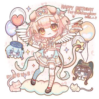 1boy 2girls :3 :d :t absurdres animal_ears arknights asymmetrical_legwear balloon blue_eyes blue_hair blue_thighhighs bow braid brown_hair cake cat cat_ears cat_girl cat_tail checkered_clothes checkered_legwear checkered_socks checkered_thighhighs chibi chibi_inset chinese_commentary chuntangmo_no_shou closed_mouth commentary_request creator_connection dated food food_on_face fork frilled_hairband frills goldenglow_(arknights) hairband happy_birthday highres holding holding_fork holding_plate kneehighs long_hair mismatched_legwear mizuki_(arknights) multiple_girls open_mouth pepe_(arknights) pink_cat pink_eyes pink_hair pink_socks plate procreate_(medium) short_sleeves side_braid single_braid single_kneehigh single_sock single_thighhigh smile socks tail thighhighs variant_set white_wings wings yellow_cat yellow_eyes