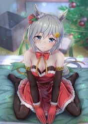 Rule 34 | 1girl, animal ears, bare shoulders, black pantyhose, blue eyes, blurry, blurry background, blush, bow, breasts, christmas, cleavage, closed mouth, commentary request, detached collar, detached sleeves, dress, fur-trimmed dress, fur trim, futon, gloves, grey hair, hair ornament, hairclip, highres, horse ears, horse girl, horse tail, looking at viewer, medium breasts, pantyhose, red bow, red dress, red gloves, seiun sky (umamusume), short hair, sitting, smile, solo, tail, umamusume, wariza, zenrakishi