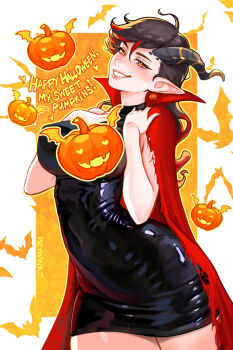 1girl baldur&#039;s_gate baldur&#039;s_gate_3 bat_(animal) black_dress black_hair breasts cape commentary dress dungeons_&amp;_dragons dungeons_&amp;_dragons earrings english_commentary english_text halloween happy_halloween highres horns jack-o&#039;-lantern jewelry large_breasts looking_at_viewer multicolored_hair original pointy_ears prywinko prywinko_(baldur&#039;s_gate) pumpkin red_cape red_hair smile solo teeth yellow_eyes