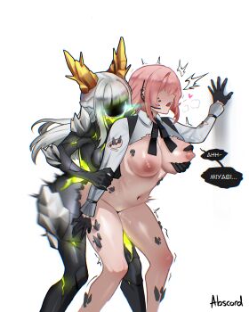 1futa 1girl abscord absurdres artist_name bottomless breasts commentary english_commentary ethereal_(zenless_zone_zero) futa_with_female futanari grabbing_another's_breast grabbing_from_behind groping headset highres horns hoshimi_miyabi implied_futanari large_breasts long_hair long_sleeves medium_breasts monster nipples pink_hair sex sex_from_behind shirt simple_background speech_bubble standing standing_sex torn_clothes torn_shirt tsukishiro_yanagi white_background white_hair white_shirt yellow_horns zenless_zone_zero