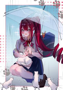 1girl bag baobhan_sith_(fate) black_skirt blue_background blush border bracelet breasts brown_footwear cat fate/grand_order fate_(series) full_body grey_eyes highres holding holding_umbrella jewelry long_hair looking_at_viewer nail_polish open_mouth pointy_ears ponytail rain red_hair red_nails school_bag school_uniform shirt sidelocks skirt solo squatting transparent transparent_umbrella umbrella white_border white_cat white_shirt zumiki