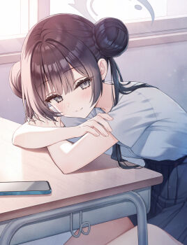 1girl arm_support black_hair black_skirt blue_archive blunt_bangs blush cellphone classroom closed_mouth commentary cowboy_shot crossed_arms desk double_bun eyelashes grey_eyes grey_halo hair_bun hair_intakes hair_over_shoulder halo highres indoors kisaki_(blue_archive) kisaki_(school_uniform)_(blue_archive) kuro_futoshi leaning_forward long_hair miniskirt official_alternate_costume phone pleated_skirt school_desk school_uniform shirt short_sleeves sidelighting sitting skirt smartphone smile solo split_mouth twintails white_shirt window