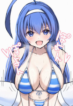 1girl ahoge bikini blue_eyes blue_hair blush breasts commentary_request hairband highres large_breasts long_hair looking_at_viewer navel open_mouth orie_ballardiae_harada partial_commentary simple_background smile solo spread_legs striped_bikini striped_clothes sweat swimsuit tabii thighhighs under_night_in-birth white_background white_hairband white_thighhighs