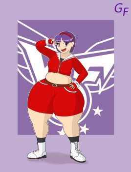 Rule 34 | 1girl, absurdres, asamiya athena, breasts, female focus, gun frame, hairband, highres, jacket, long sleeves, medium breasts, muscular, muscular female, pale skin, pants, plump, purple eyes, purple hair, shoes, short hair, smile, smiley face, standing, star (symbol), the king of fighters, thick thighs, thighs, wide hips