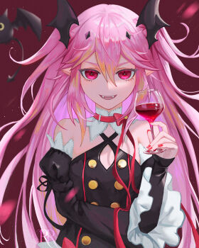 1girl absurdres arukanu bare_shoulders bat_(animal) black_dress black_ribbon blood blood_in_cup bow breasts buttons collar commentary cup detached_collar detached_sleeves diamond_hair_ornament double-breasted double-parted_bangs dress fangs frilled_sleeves frills halterneck hand_up highres holding holding_cup krul_tepes long_hair long_sleeves looking_at_viewer multicolored_eyes open_mouth owari_no_seraph pink_eyes pink_hair pointy_ears red_background red_bow red_eyes red_nails red_ribbon ribbon rolling-ruffles small_breasts symbol-only_commentary two-tone_eyes two_side_up upper_body vampire white_collar