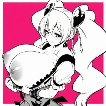 1girl breasts breasts_out cure_peach half-closed_eyes highres huge_breasts long_hair looking_at_viewer magical_girl momozono_love monochrome naughty_face nipples precure presenting pulling_own_clothes seductive_smile smile solo twintails