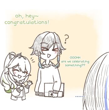 Rule 34 | > <, ..., 1girl, 2boys, ?, arms at sides, asymmetrical sidelocks, blouse, border, braid, clenched hand, closed eyes, collared shirt, colored tips, english text, eyelashes, facing another, genshin impact, green hair, hair between eyes, high ponytail, holding, left-to-right manga, light blush, long sleeves, multicolored hair, multiple boys, nahida (genshin impact), notice lines, open hand, open mouth, partially colored, ponytail, purple hair, renacchi06, scaramouche (genshin impact), shirt, sidelocks, streaked hair, twin braids, undershirt, venti (genshin impact), waving hands, white border, wispy bangs, yellow background