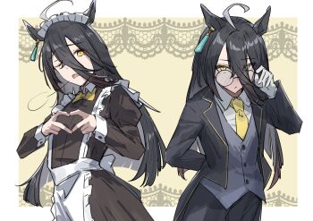 1girl :/ absurdres adjusting_eyewear ahoge animal_ears annoyed apron arms_behind_back black_coat black_dress black_hair black_pants blunt_ends butler closed_mouth coat collared_shirt commentary_request dress ear_ornament ear_tag earrings furrowed_brow glasses green_vest grey_hair hair_between_eyes heart heart_hands highres horse_ears horse_girl jewelry long_hair long_hair_between_eyes long_sleeves looking_at_viewer maid maid_headdress manhattan_cafe_(umamusume) mitsune_(3chune) multicolored_hair multiple_girls necktie one_eye_closed open_clothes open_coat open_mouth pants puff_of_air puffy_sleeves shirt single_earring tuxedo umamusume very_long_hair vest waist_apron white_apron white_hair white_shirt yellow_eyes yellow_necktie