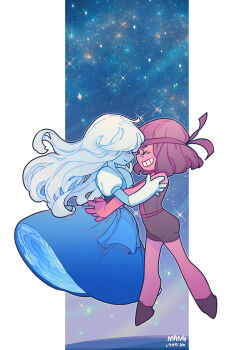 2girls artist_name blue_skin blush closed_eyes colored_skin dress gloves headband hug mang_gi multiple_girls puffy_short_sleeves puffy_sleeves red_hair red_skin ruby_(steven_universe) sapphire_(steven_universe) short_sleeves silver_hair smile space star_(sky) steven_universe white_gloves yuri