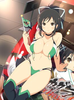 1girl :< arm_support armpit_crease asuka_(senran_kagura) bikini black_bikini black_boots black_choker black_hair blush boots breasts brown_eyes car character_print choker cleavage closed_mouth collarbone flag frown green_bikini green_trim groin hair_ribbon holding holding_flag large_breasts light_particles linea_alba looking_at_viewer motor_vehicle multicolored_bikini navel official_art on_car ponytail race_queen race_vehicle revealing_clothes ribbon senran_kagura senran_kagura_new_wave senran_kagura_shoujo-tachi_no_shin'ei shiny_skin short_hair short_ponytail sitting skindentation sparkle strap_break swimsuit thigh_boots tile_floor tiles torn_bikini torn_clothes torn_swimsuit white_bikini white_ribbon wipers yaegashi_nan