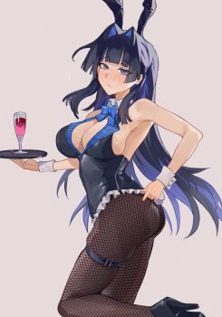Rule 34 | 1girl, absurdres, akurin 14, animal ears, armpits, ass, bare shoulders, black hair, black leotard, black shoes, blue eyes, blue hair, blush, breasts, cleavage, closed mouth, commentary, detached collar, fake animal ears, fake tail, fishnet pantyhose, fishnets, foot out of frame, frilled leotard, frills, glass, grey background, high heels, highres, holding, holding tray, hololive, hololive english, large breasts, leg up, leotard, long hair, multicolored hair, ouro kronii, pantyhose, playboy bunny, rabbit ears, rabbit tail, shoes, simple background, solo, standing, standing on one leg, symbol-only commentary, tail, thigh strap, thighs, tray, two-tone hair, virtual youtuber, white wrist cuffs, wrist cuffs