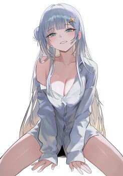 1girl arm_support blush breasts buttons cleavage collarbone collared_shirt commentary_request gradient_hair green_eyes hair_bun hair_ornament highres hyua indie_virtual_youtuber large_breasts long_hair long_sleeves looking_at_viewer multicolored_hair nbee_ya on_ground parted_lips shirt sidelocks simple_background single_bare_shoulder single_off_shoulder single_side_bun sitting solo star_(symbol) star_hair_ornament thighs very_long_hair virtual_youtuber white_background white_hair white_shirt