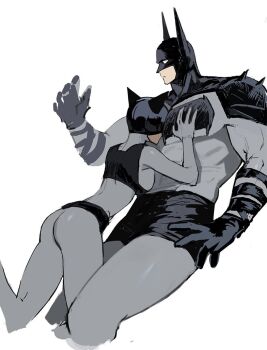 1boy 1girl absolute_batman absolute_dc back_spikes bat_mask batman batman_(series) batman_symbol between_pectorals bodysuit catwoman commentary couple cowl dc_comics english_commentary large_pectorals muscular muscular_male pectorals superhero_costume tjfclfb