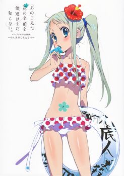 1girl absurdres ano_hi_mita_hana_no_namae_wo_bokutachi_wa_mada_shiranai. bikini blue_eyes collarbone color_halftone copyright_name eating flat_chest flower food frilled_bikini frills grey_hair hair_flower hair_ornament hibiscus highres honma_meiko innertube long_hair official_art open_mouth ponytail popsicle scan sidelocks solo swim_ring swimsuit tanaka_masayoshi