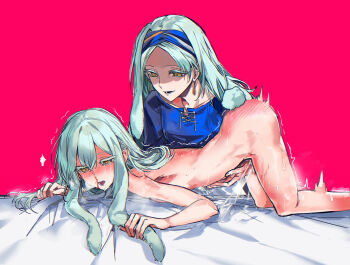 2girls animal_ears arknights ass bang_dream! bang_dream!_it's_mygo!!!!! bed_sheet blood blue_hairband blue_shirt blush chinese_commentary clothed_female_nude_female clothed_sex colored_eyelashes commentary_request completely_nude cross-laced_clothes cross-laced_top extra_ears false_smile feet_out_of_frame female_ejaculation female_orgasm floppy_ears forced_orgasm forehead frottage green_eyes green_hair green_tail hairband hand_on_another's_stomach hand_on_own_ear heavy_breathing highres incest long_hair lop_rabbit_ears middle_part mori_minami mother_and_child mother_and_daughter multiple_girls ne2op nose_blush nosebleed nude on_bed open_mouth orgasm parent_and_child parted_bangs pulling_own_ear pussy_juice rabbit_ears rabbit_girl rabbit_tail red_background shaded_face shirt simple_background smile tail tear_troughs tears top-down_bottom-up trembling twitching wakaba_mutsumi wakaba_mutsumi_(cautus) yellow_eyes yuri