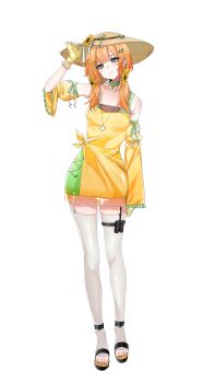 +_+ 1girl absurdres adjusting_clothes adjusting_headwear aegyo_sal arm_at_side arm_up bare_shoulders black_shoes breasts bright_pupils brown_hat center-flap_bangs chinese_commentary choker closed_mouth collarbone commentary_request cross-laced_clothes cross-laced_dress cross-laced_sleeves detached_sleeves double-parted_bangs dress earrings flower full_body gloves green_choker green_dress green_eyes green_trim hair_between_eyes hair_flower hair_ornament hat head_tilt highres jewelry layered_dress long_hair long_sleeves looking_at_viewer low_twintails nail_polish necklace oleander03034 open-toe_shoes orange_hair orange_nails personification plants_vs._zombies shoes short_dress side_slit simple_background small_breasts smile solo standing sunflower sunflower_(plants_vs._zombies) thigh_strap thighhighs toeless_legwear toenail_polish toenails toes twintails white_background white_thighhighs wide_sleeves x_hair_ornament yellow_dress yellow_gloves yellow_sleeves zettai_ryouiki