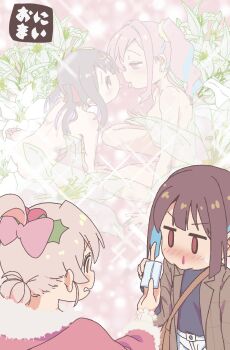 4girls bag black_hair blood blush bow brown_hair coat flower fur-trimmed_poncho hair_bow highres hozuki_kaede hozuki_momiji imagining jibijibipen lily_(flower) long_hair looking_at_another multiple_girls nosebleed nude onii-chan_wa_oshimai! oyama_mahiro oyama_mihari pink_hair pointing pointing_up poncho short_hair shoulder_bag siblings sisters sweatdrop tissue tongue yuri