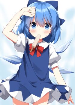 Rule 34 | 1girl, arm up, blue bow, blue dress, blue eyes, blue hair, blush, bow, bowtie, cirno, collared shirt, commentary request, cowboy shot, dress, food, food in mouth, hair between eyes, hair bow, highres, ice, ice wings, looking at viewer, mouth hold, pinafore dress, popsicle, red bow, red bowtie, ruu (tksymkw), shirt, short hair, short sleeves, sleeveless, sleeveless dress, solo, touhou, white background, white shirt, wings