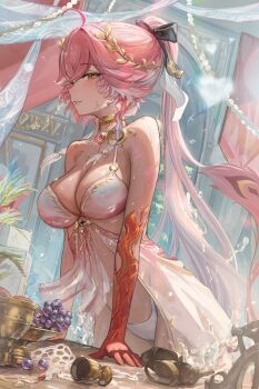 1girl absurdres ahoge arm_support bare_shoulders bikini black_bow blueberry blush body_markings bow braid breasts changli_(laurel_nymph)_(wuthering_waves) changli_(wuthering_waves) cleavage colored_extremities commentary dress food fruit gradient_clothes gradient_dress hair_bow hair_extensions highres large_breasts laurel_crown long_hair looking_at_viewer multicolored_hair official_alternate_costume parted_lips pink_hair ponytail red_hands ring_hair_extensions riuv187567 see-through_clothes see-through_dress shoes side-tie_bikini_bottom solo swimsuit tacet_mark_(wuthering_waves) thighs two-tone_hair unworn_shoes variant_set very_long_hair white_bikini white_hair wuthering_waves